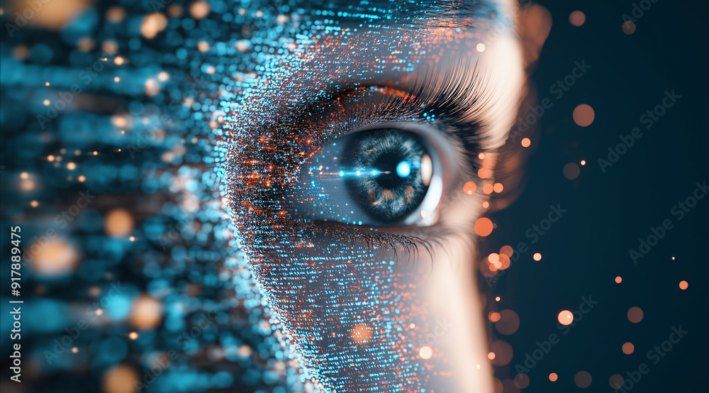 Poster close-up of the face and eyes of an ai digital human with holographic data floating around, symboliz