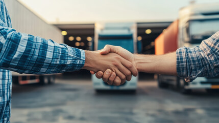 Two men shaking hands in front of trucks at a logistics center