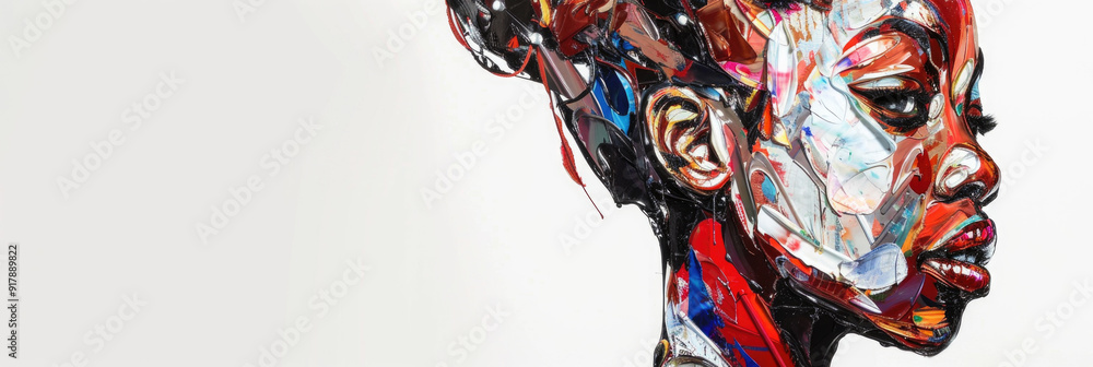 Poster a woman is depicted with an array of colorful brush strokes emphasizing her profile and expressive f