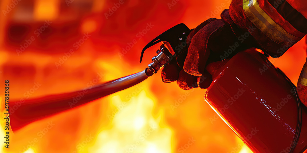 Wall mural Fireman using fire extinguisher fighting fire