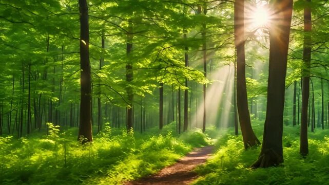 Walk through dense forests as the sun peeks through the trees in summer. The rays illuminate the green forest. Cifor, IPB University Bogor research forest, Indonesia.