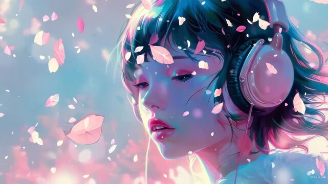 Illustration of a girl with headphones in the lofi style with a purple and blue color palette.