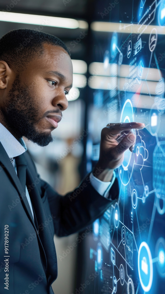 Poster a business professional navigates a digital interface displaying data analytics in a contemporary of