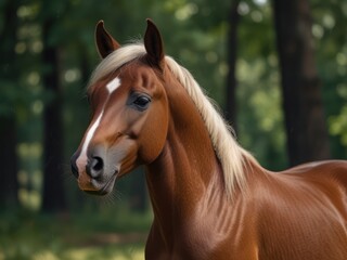 Fototapeta premium Elegant Chestnut Horse in a Lush Forest Setting at Daybreak
