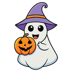 Cute Witch Ghost Holding Pumpkin Halloween Cartoon Illustration Art