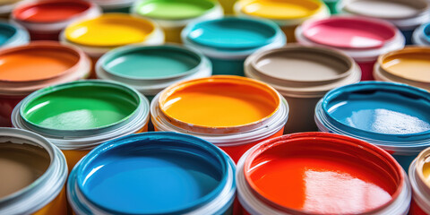 Fototapeta premium Lots of colorful buckets of paint to cover the walls. An assortment of color palettes for painting work. 
