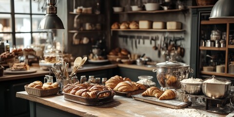 Fototapeta premium Charming bakery kitchen filled with the aroma of freshly baked treats, showcasing a delightful array of pastries and kitchen essentials in a warm, inviting setting.