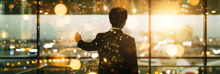 A business professional engages with a digital interface while admiring the city skyline at sunset