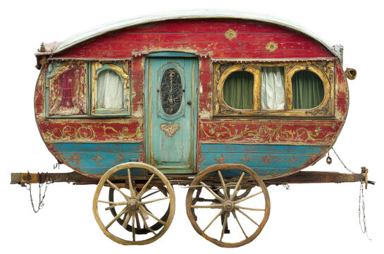 Colorful vintage gypsy caravan in sunny setting, cut out - stock png.