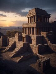 Obraz premium Photorealistic Kodak Portra photo of an ancient stone building with ornate interlocking geometric patterns