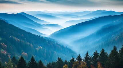 Obraz premium Misty mountain landscape with layered blue hills and fog.