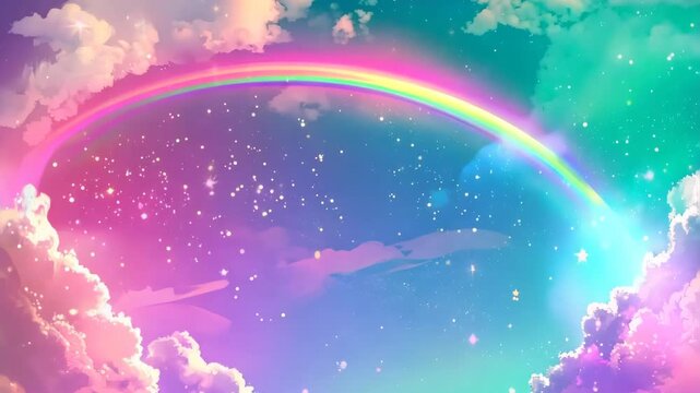 Sky full of stars pink clouds and a rainbow in the background with pastel color.