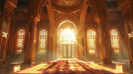 Obraz premium majestic mosque with sunlight reflecting on wet ground, framed by arched windows