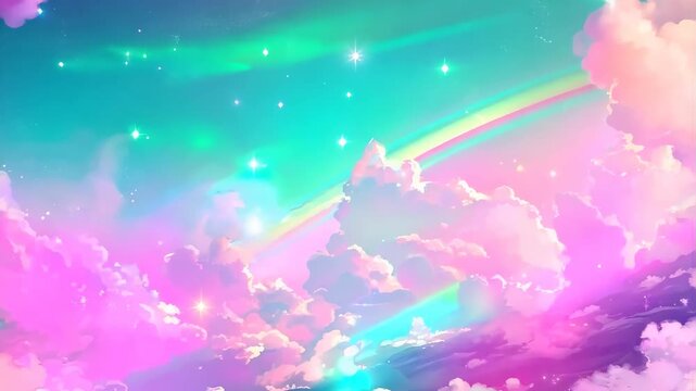 Sky full of stars pink clouds and a rainbow in the background with pastel color.