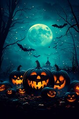 Fototapeta premium Haunted Halloween pumpkins glow brightly under a full moon in a misty, eerie landscape with bats flying in the night sky, copy space for text, card invitation, banner poster