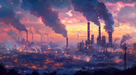 Industrial Dusk: Cityscape at Twilight with Factories Casting a Warm Glow