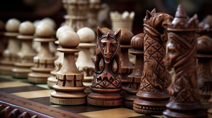 Photograph of a chessboard with intricately carved chess pieces