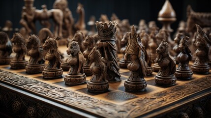 Fototapeta premium Photograph of a chessboard with intricately carved chess pieces