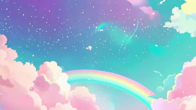 Sky full of stars pink clouds and a rainbow in the background with pastel color.