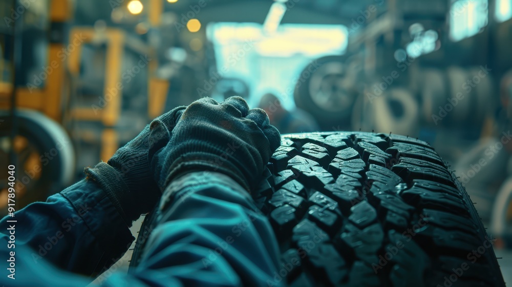 Wall mural The mechanic handling tire