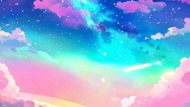 Sky full of stars pink clouds and a rainbow in the background with pastel color.