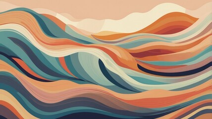 Abstract horizontal background with colorful waves. Trendy vector illustration in style retro 60s, 70s. Pastel colors