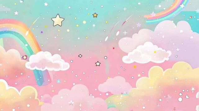 Sky full of stars pink clouds and a rainbow in the background with pastel color.