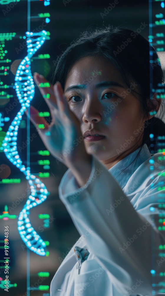 Poster a scientist studies dynamic dna sequences displayed on a transparent screen in a modern laboratory