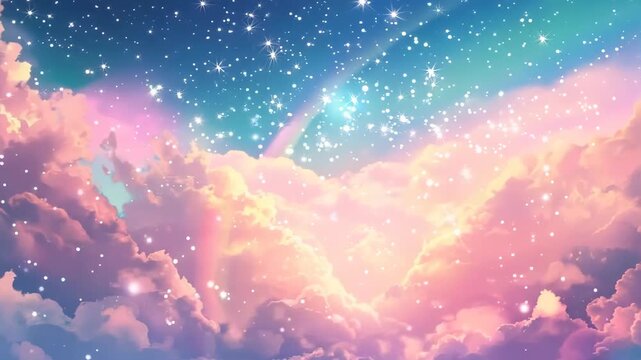 Sky full of stars pink clouds and a rainbow in the background with pastel color.