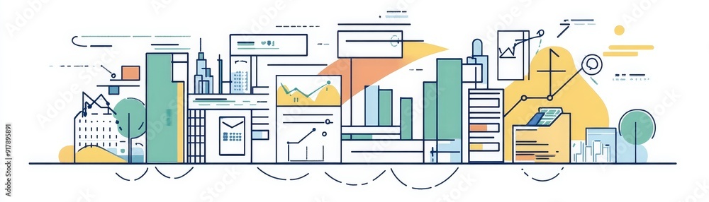 Poster Business Growth Strategy: Data-Driven Success in a Modern World - This illustration symbolizes a business city with data, growth, strategy, technology, and success.