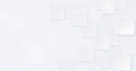 Light grey white geometric  pattern. Dynamic modern empty banner. Abstract blank background. Squares tech creative cover. Blank left text place. Business elegant neumorphism. Technology 3d strict BG. 