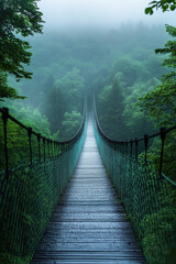Obraz premium Misty morning view of a long suspension bridge in a lush, green forest. Atmospheric and serene scene with dense foliage and distant horizon.