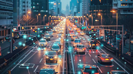 Vibrant night scene in a city with blurred traffic lights, cars, and a prominent red traffic signal...