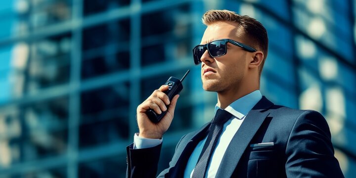 Dedicated Watchguard: Professional Security Guard in Sunglasses Operating a Walkie-Talkie for Top-Notch Security Services