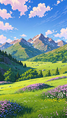 Obraz premium Beautiful view of flowering meadow with mountains and clouds, AI generated illustration 7