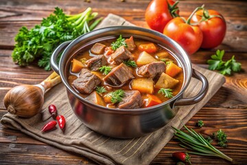 A large pot of stew with meat and vegetables, including carrots and tomatoes