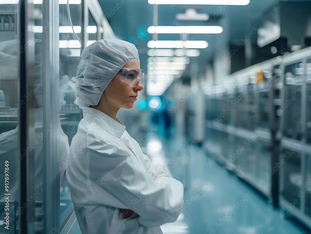 Poster worker in a cleanroom advanced technology setting with precise and futuristic industry concept