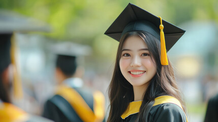Smiling graduate in cap and gown celebrates achievement at outdoor graduation ceremony.