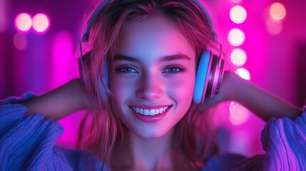 a young woman is listening to music while smiling at the camera with headphones in neon-lit background