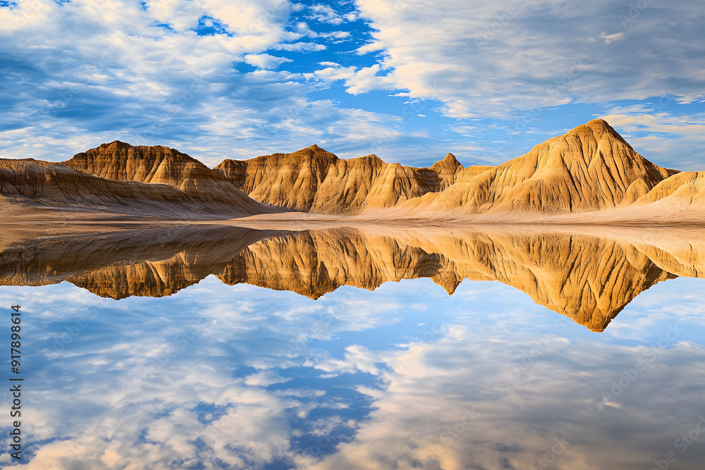 Poster perfect reflection of the detailed ridges of badlands in still water, creating a symmetrical visual 