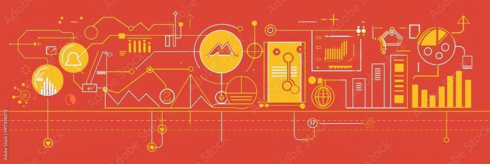 Poster Data-Driven Growth and Success: A Visual Representation - This illustration depicts interconnected elements symbolizing data analysis, strategy, progress, innovation, and collaboration.