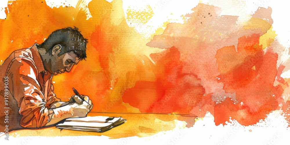 Poster a focused individual writes intently with a pen on a notebook at a table surrounded by warm colors