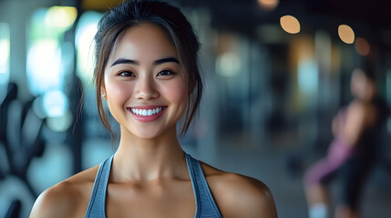 Muscular Asian woman in sportswear, fitness trainer smiling and looking at the camera in the background of the gym
