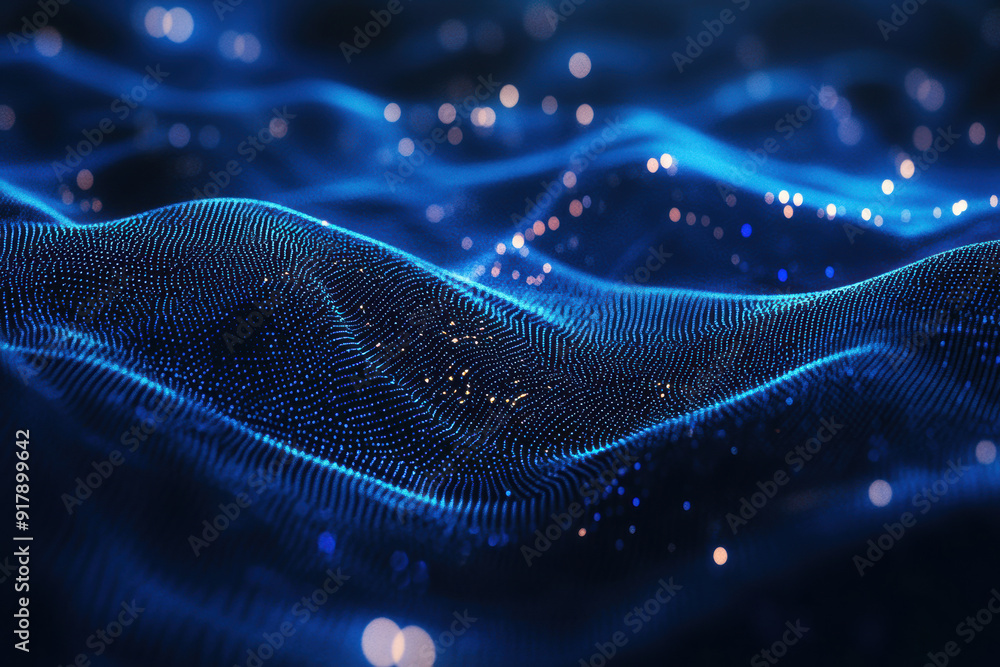 Wall mural abstract 3d rendering of a glowing, digital, blue landscape with particle waves and depth of field. 