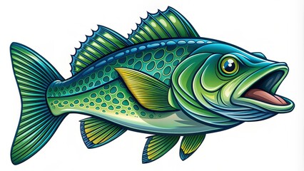 Illustrated walleye fish icon in bold blue and green colors, with intricate scales and a sharp toothy grin, against a clean white background.