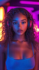 portrait of a woman with headphones in neon-lit background