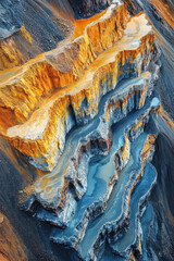 Aerial view of a vibrant multicolored rock quarry, showcasing layered mineral formations and unique geological patterns in vivid hues.
