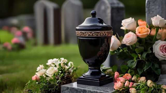 Memorial service at a cemetery featuring an urn surrounded by flowers