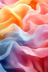 Vibrant and colorful abstract silk fabric with flowing textures and gradients of pink, orange, blue, and yellow. Ideal for design, fashion, and backgrounds.