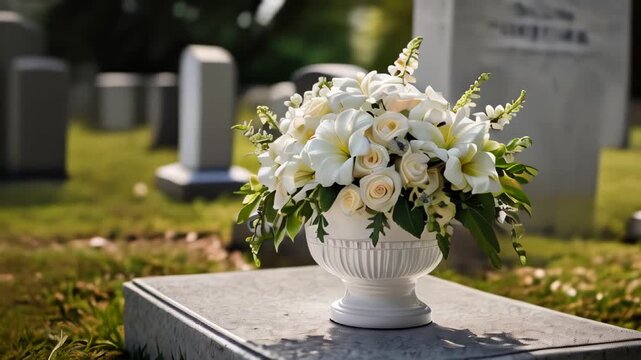 Elegant white flower arrangement on a grave marker in a serene cemetery at sunset